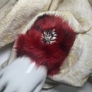 INC International Concepts Wine Red Faux Fur Rhinestone Jewel Cuffs Wristlet New